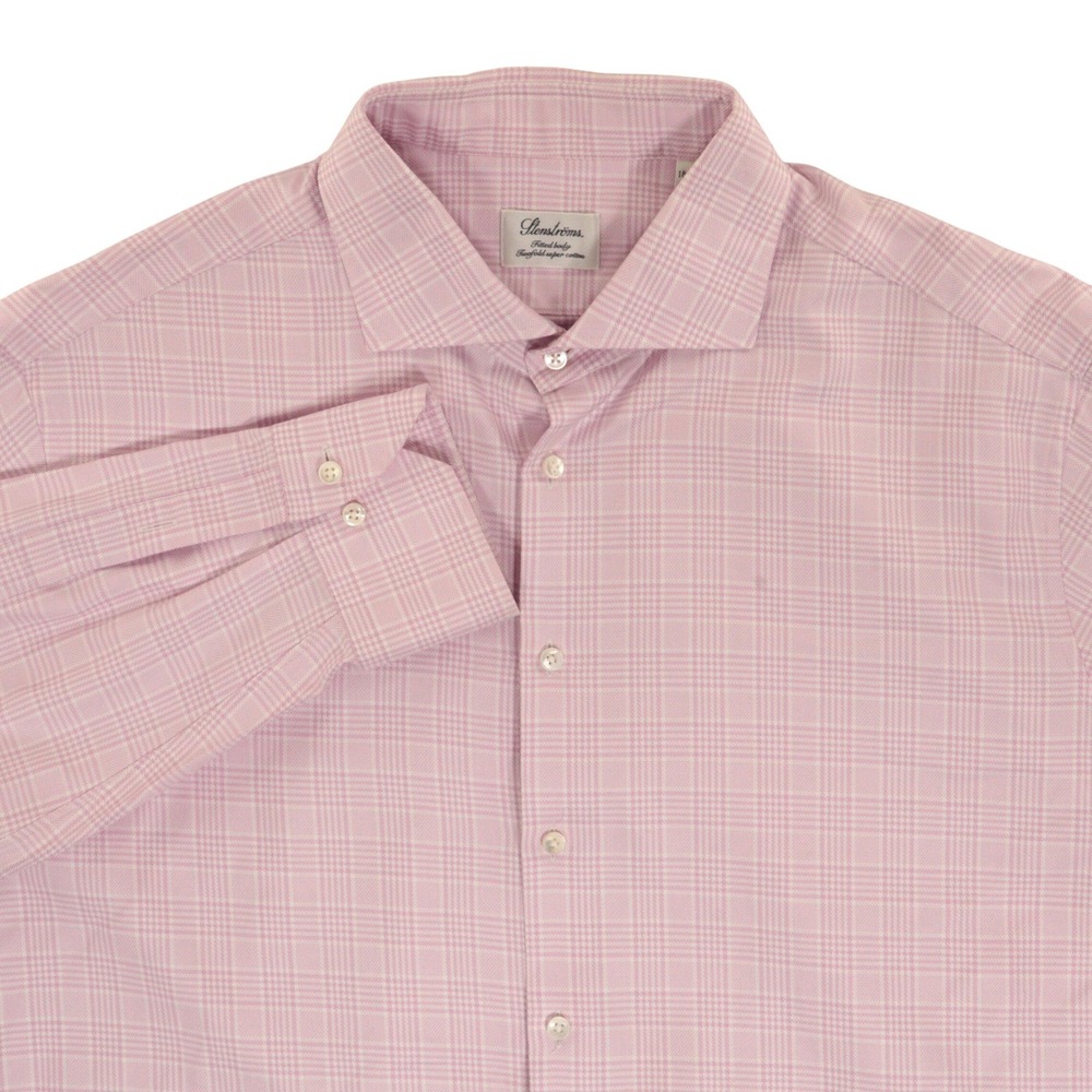 Stenstroms Button Up Shirt Men 18.5 47 Fitted Body Plaid Dress Pink Cutaway EUC
